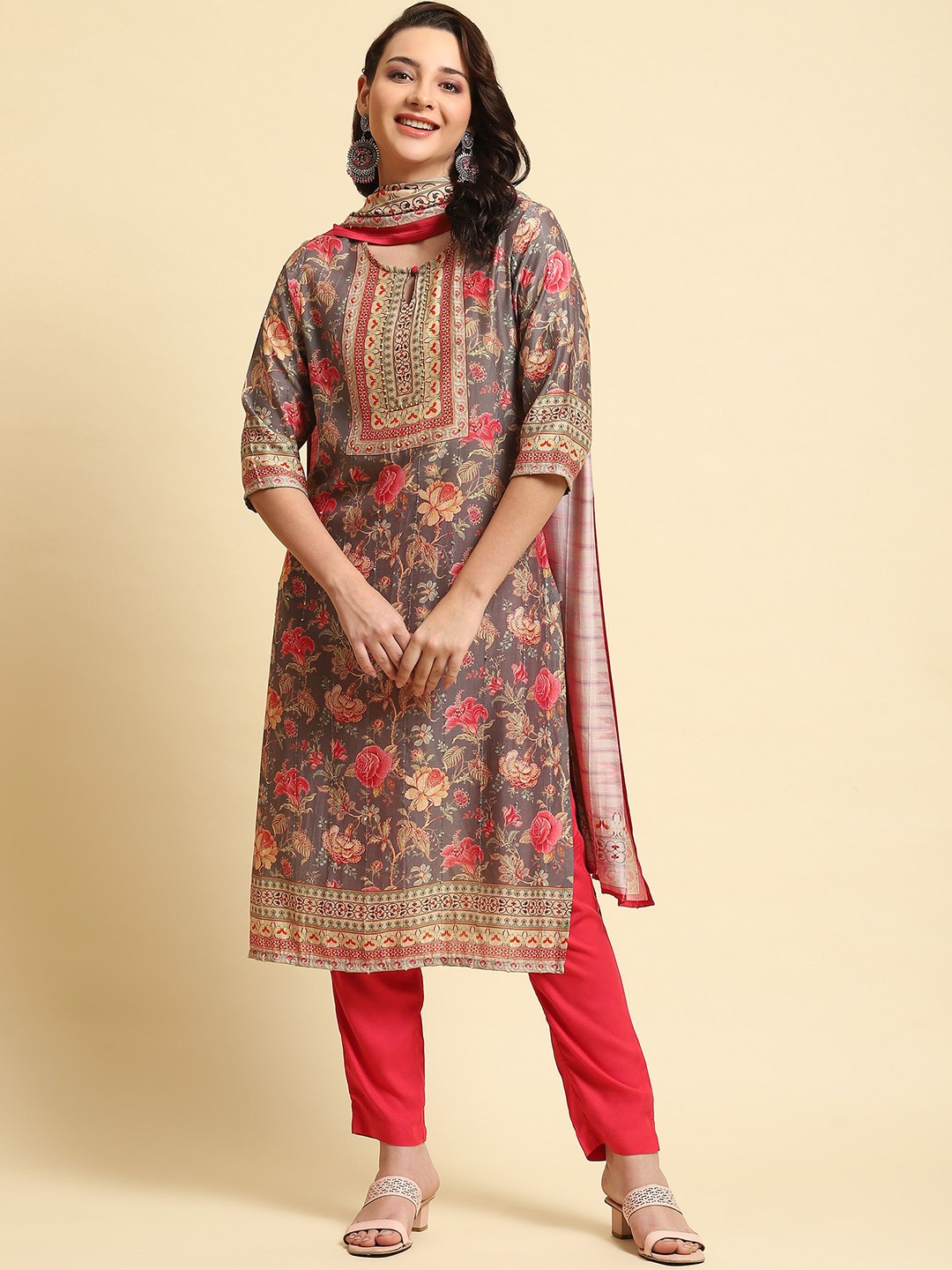 

Shree Floral Printed Keyhole Neck Beads and Stones Straight Kurta with Trousers & Dupatta, Grey
