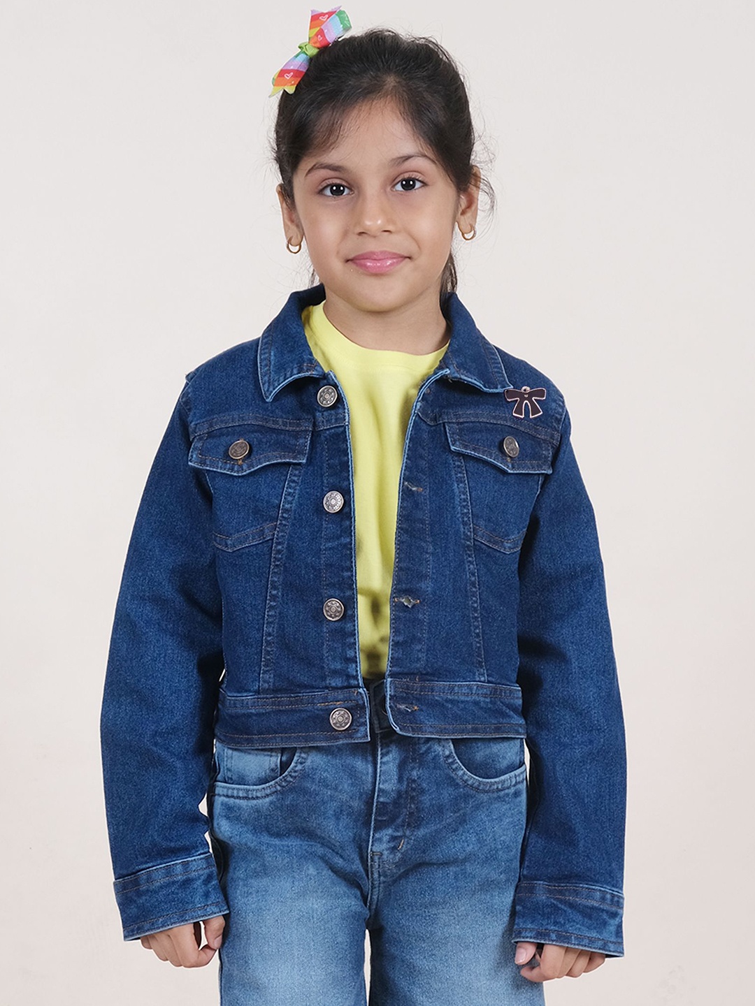 

KiddoPanti Girls Solid Denim Jacket with Patchwork, Blue