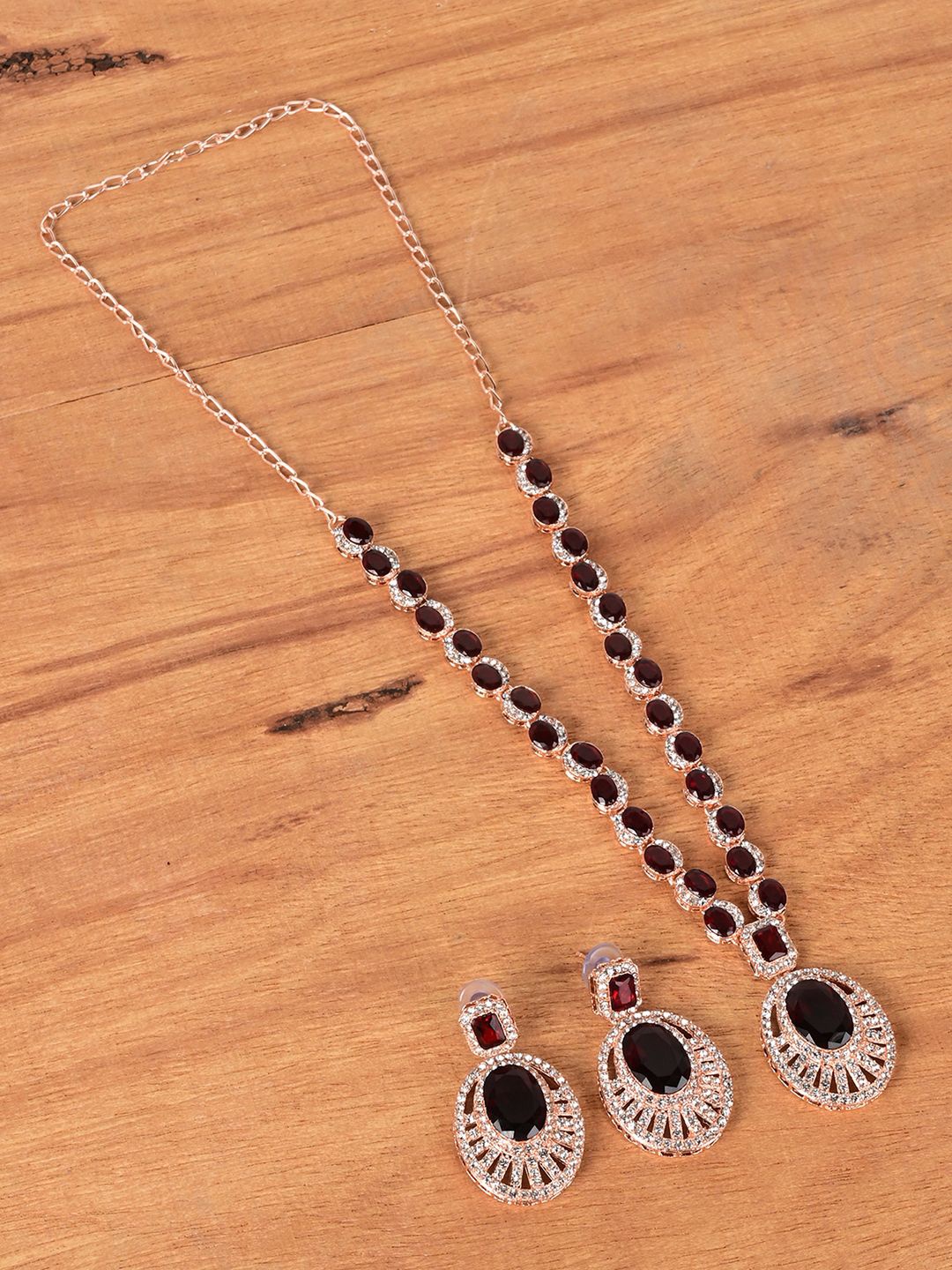

Keviv Rose Gold Plated American Diamond Studded Necklace With Earrings, Maroon
