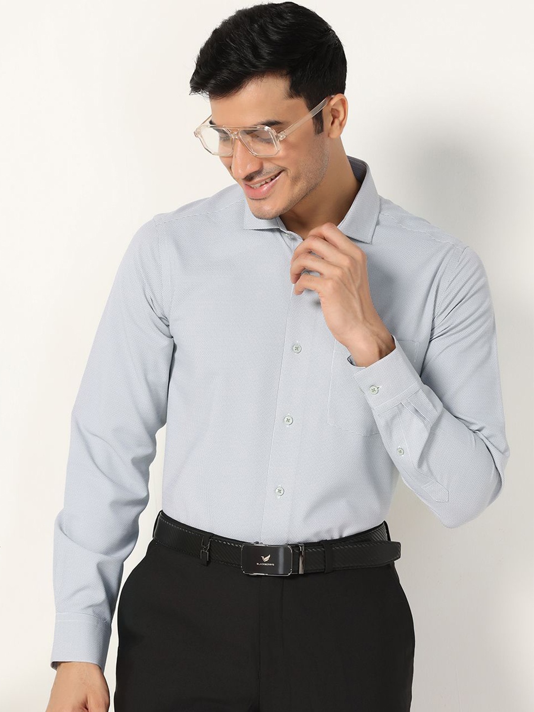 

Blackberrys Men India Spread Collar Textured Cotton Slim Fit Casual Shirt, White