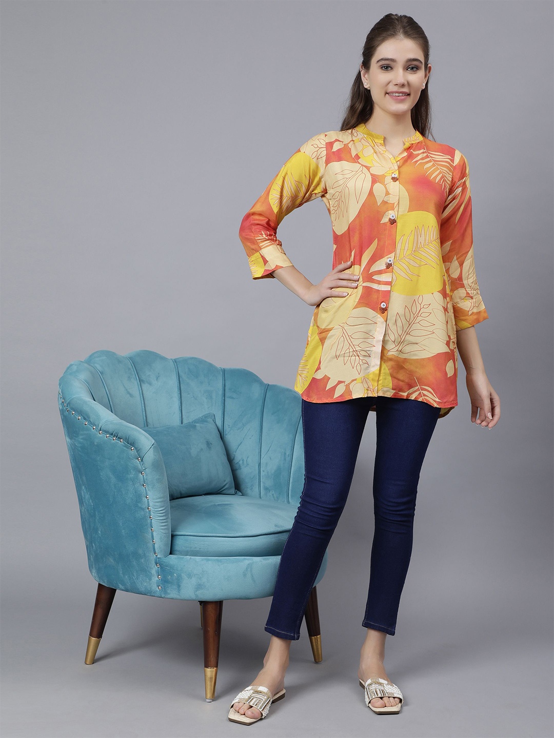 

STUNICS Floral Printed Mandarin Collar Cotton Tunic, Mustard