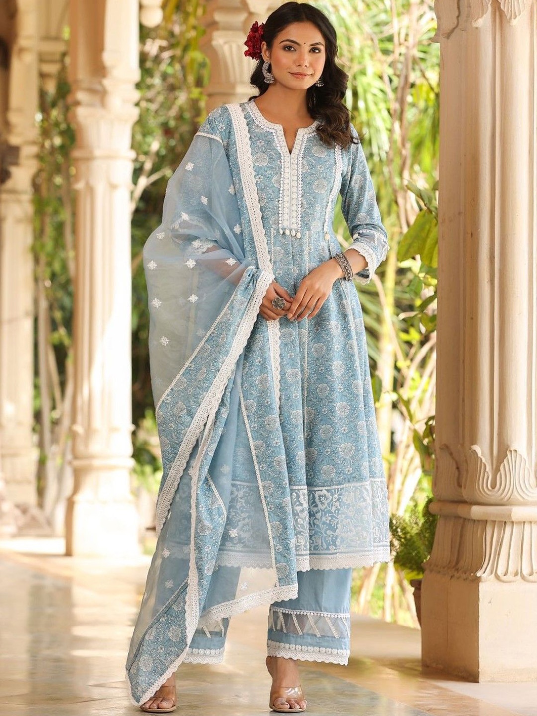 

AUTUMN LANE Floral Printed Thread Work Pure Cotton Straight Kurta With Palazzos & Dupatta, Blue