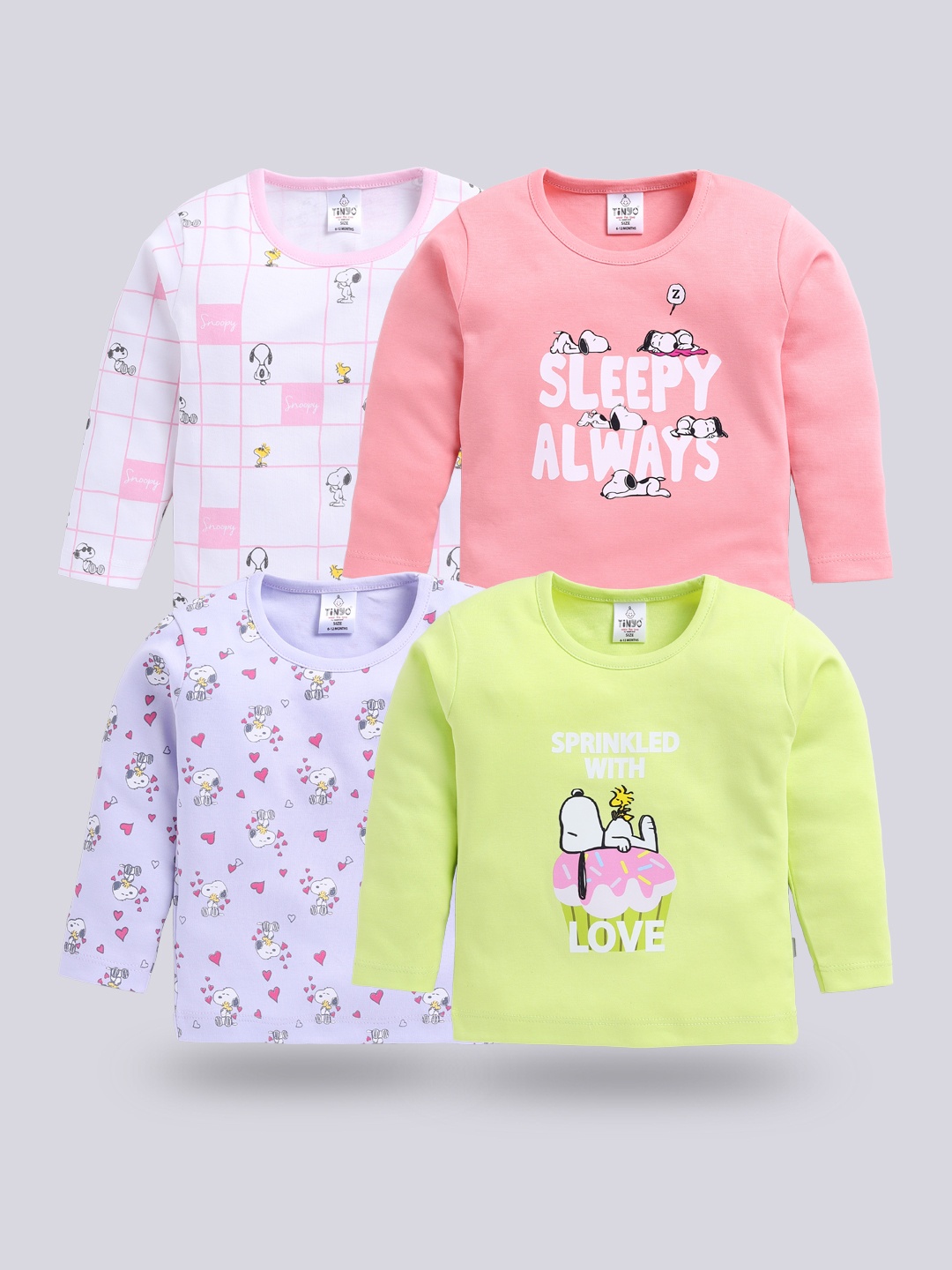 

YK X Tinyo Infant Girls Pack of 4 Snoopy Printed Pure Cotton T-shirts, Peach