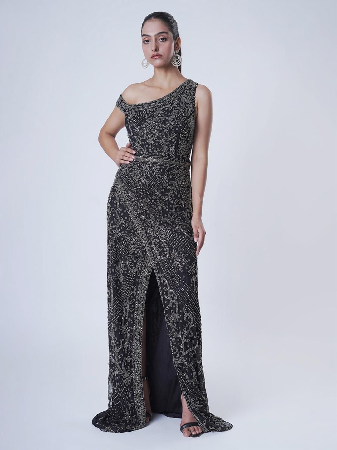 

UPGRADE Womens Embellished Bling & Sparkly One Shoulder Net Maxi Dress, Black