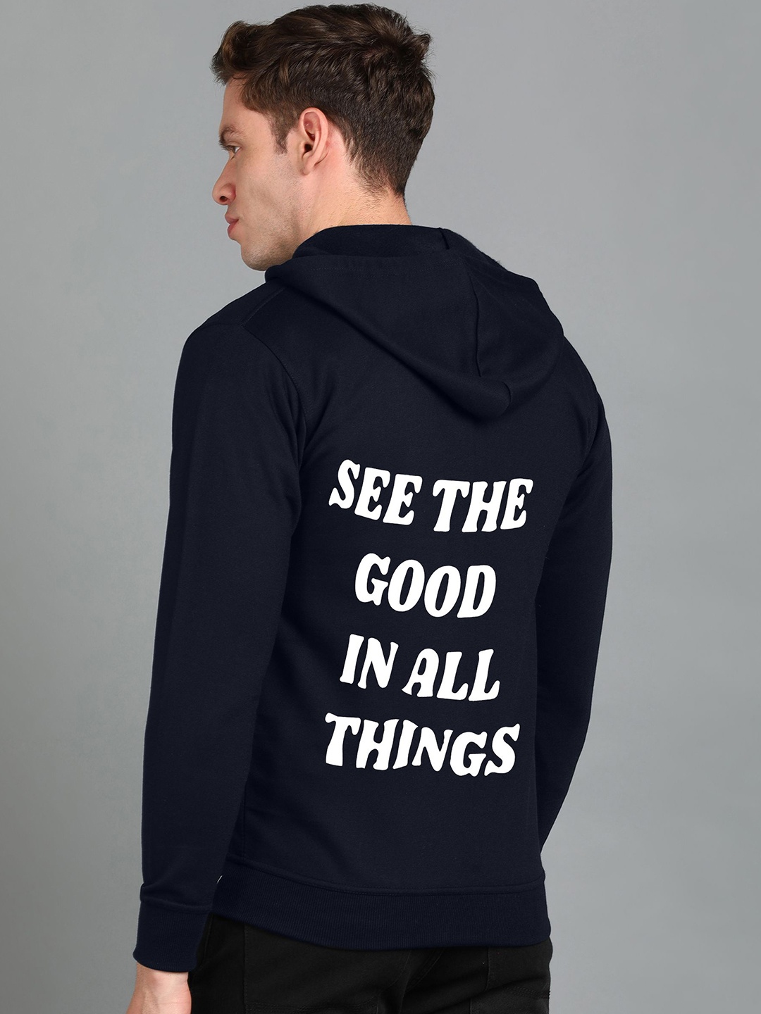 

FALTU.CO Men Typography Printed Hooded Ribbed Cotton Sweatshirt, Navy blue