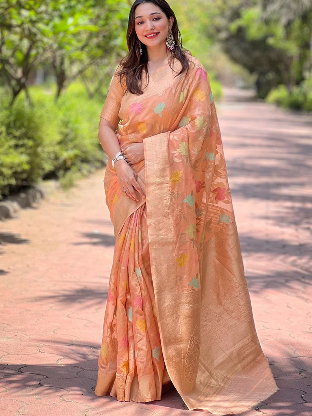 

Mitera Floral Organza Zari Woven Saree, Peach