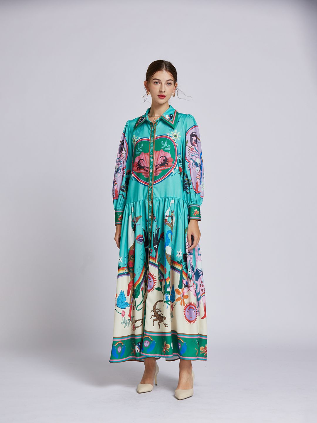 

JC Collection Women Tropical Printed Shirt Collar Maxi Dress, Multi