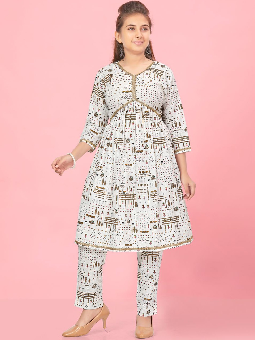 

BAESD Girls Ethnic Motifs Printed V-Neck Anarkali Pure Cotton KurtI With Trousers, Cream