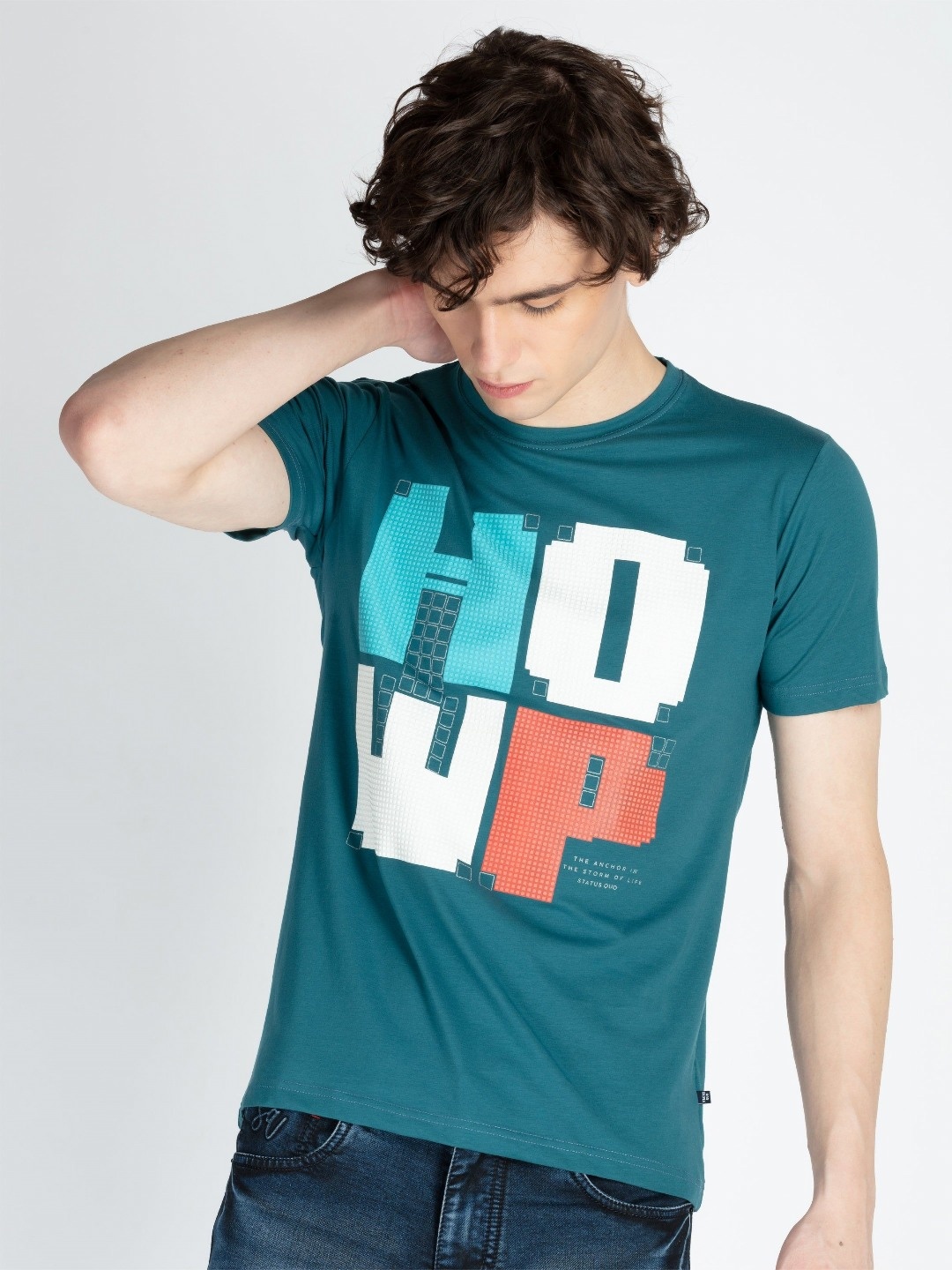 

Status Quo Men Typography Printed Round Neck Cotton T-shirt, Teal