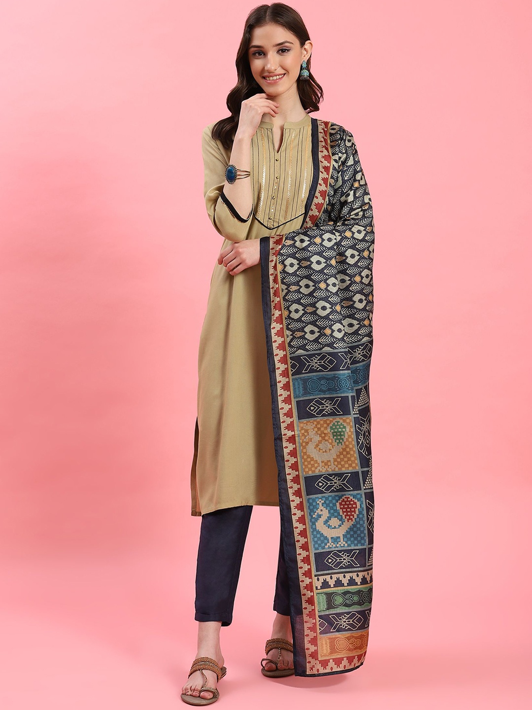 

Shree Yoke Design Regular Gotta Patti Straight Kurta with Trousers & Dupatta, Beige