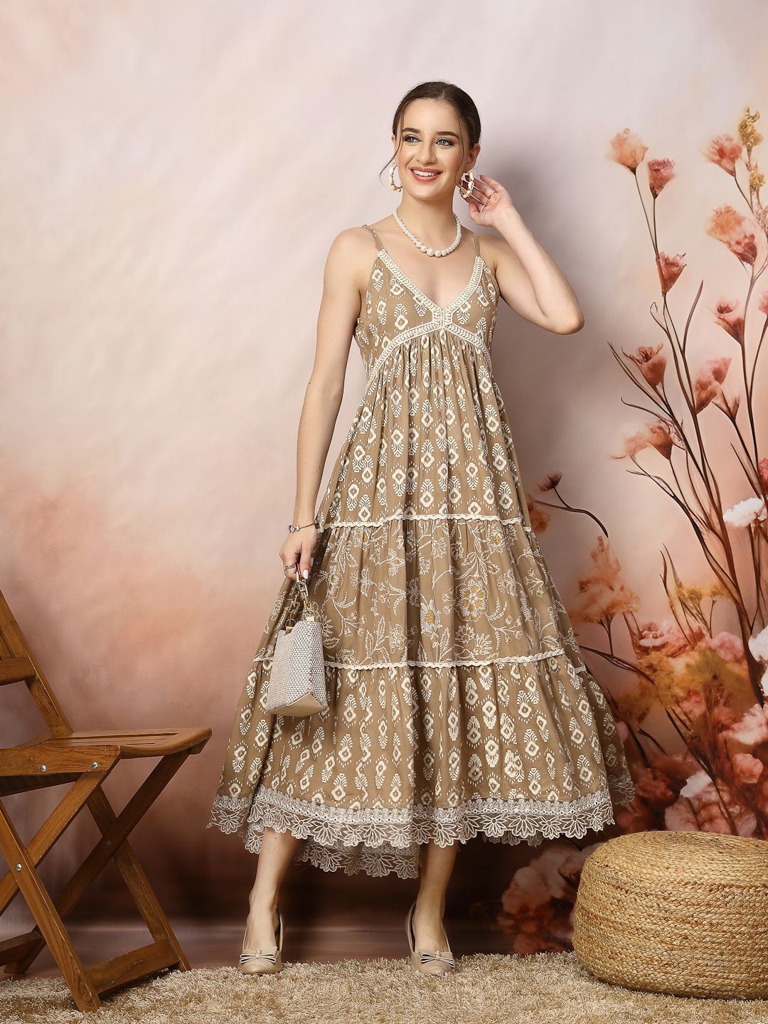 

Stylum Women Ethnic Motifs Printed Fit & Flare Midi Dress, Beige