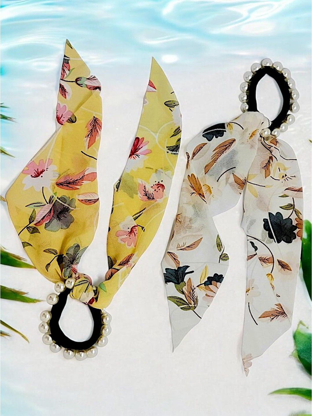 

9blings Women Set of 2 Floral Printed Beaded Ponytail Holders, Yellow