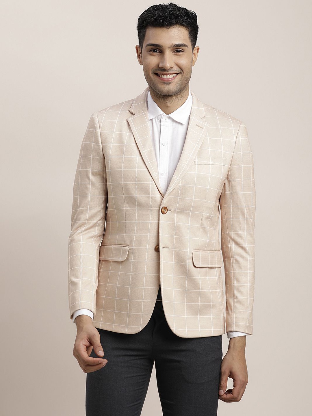 

Turtle Checked Notched Lapel Collar Single-Breasted Formal Blazer, Beige