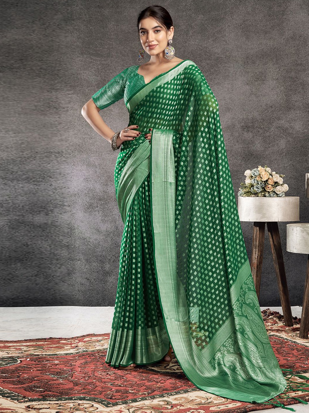 

Satrani Woven Design Zari Pure Georgette Dabu Saree, Green