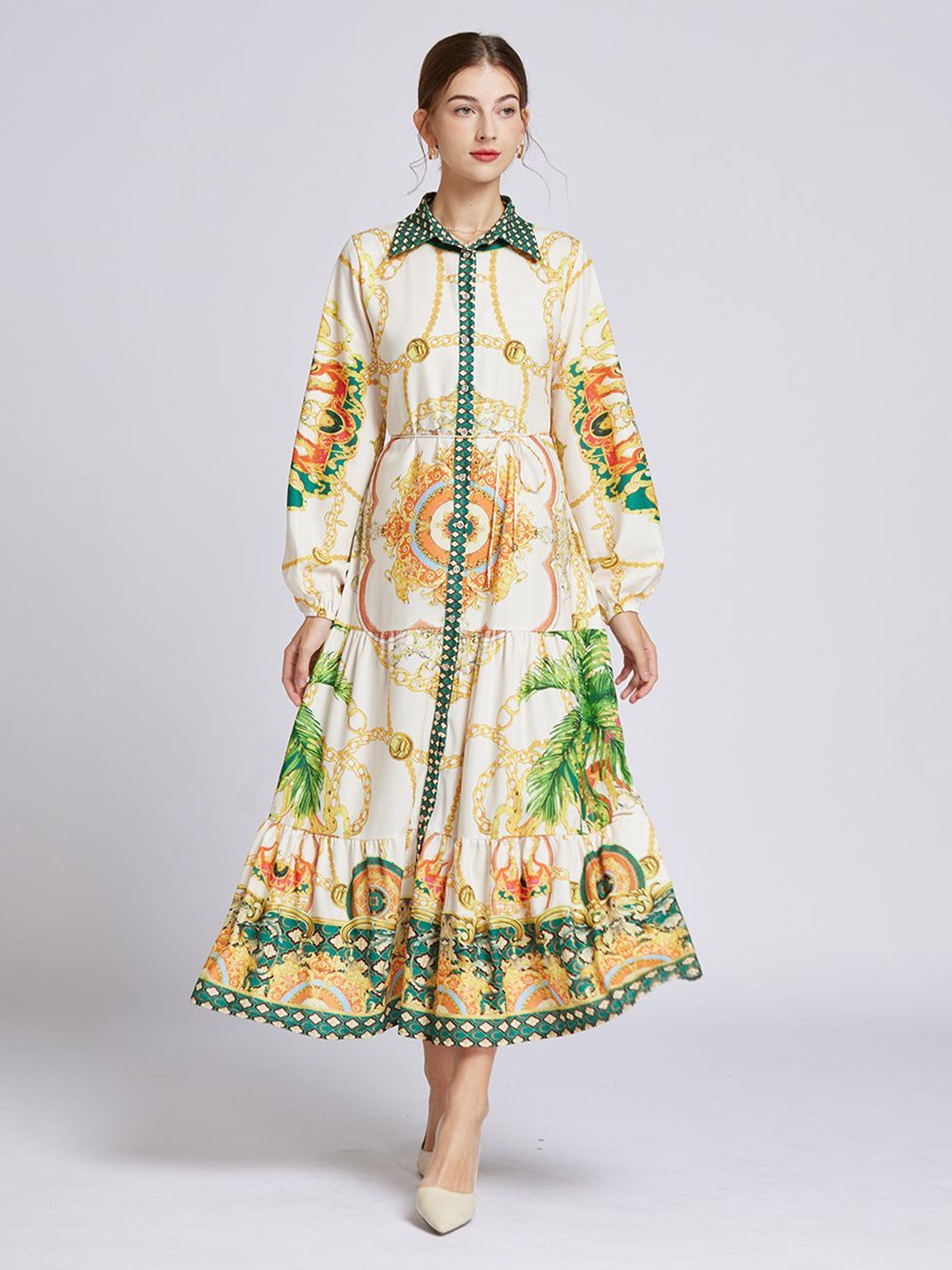 

JC Collection Women Floral Printed Shirt Collar A-Line Dress, Off white