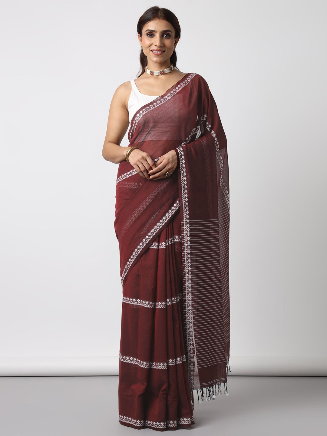 

Moora Striped Pure Cotton Saree, Maroon