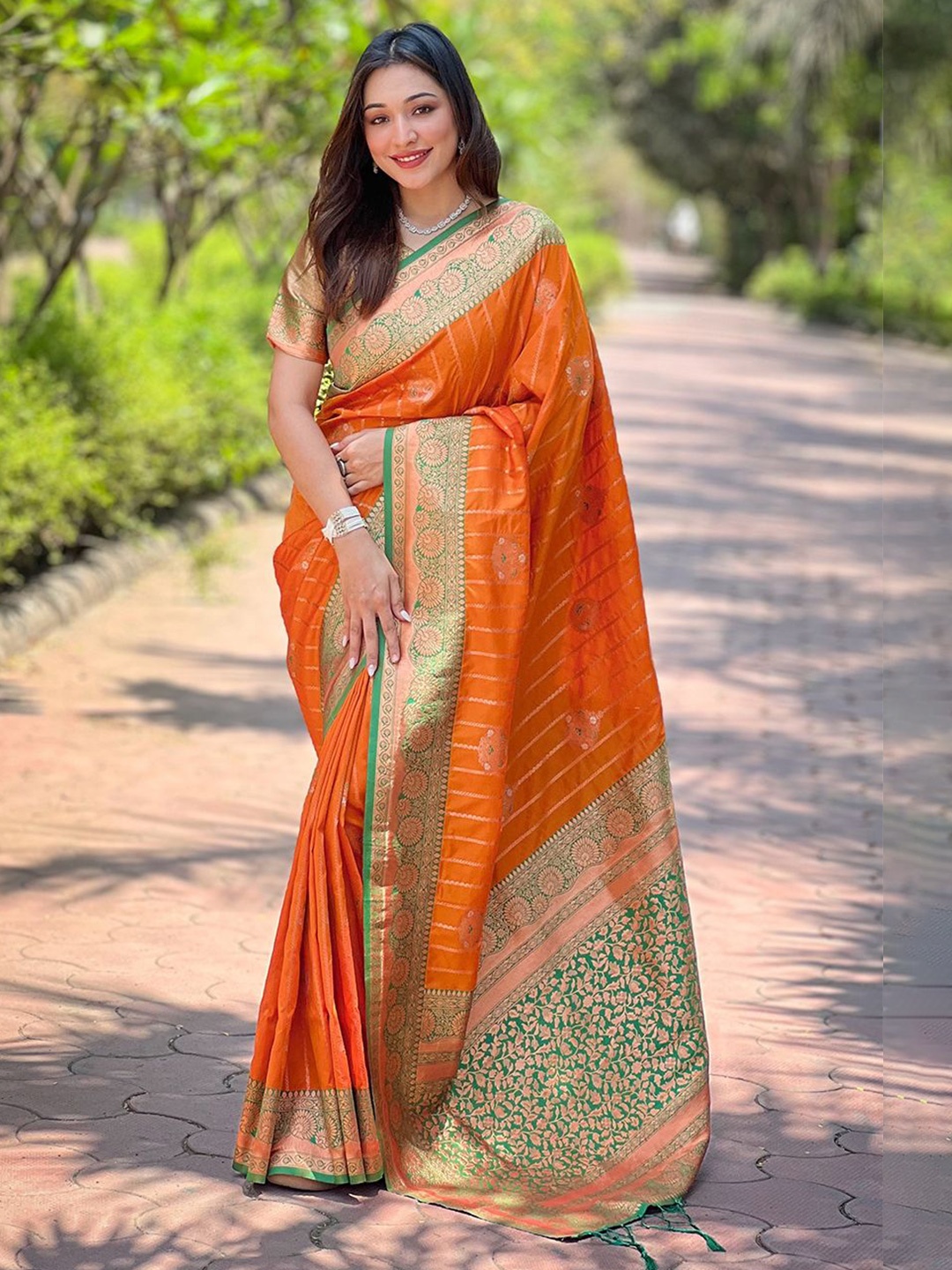 

Mitera Ethnic Motifs Zari Woven Banarasi Saree, Orange