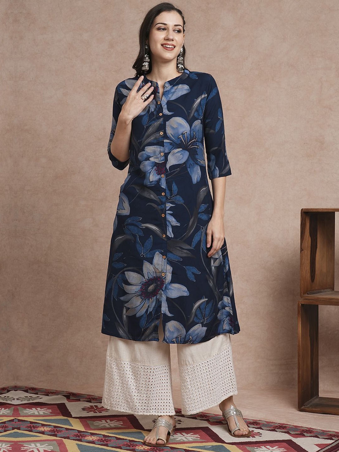 

FASHOR Floral Printed Mandarin Collar A-Line Kurta, Blue