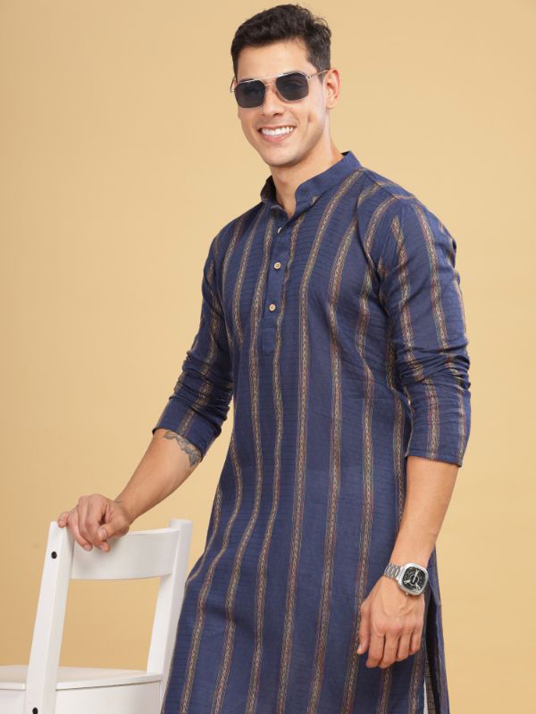 

Anouk Blue Striped Band Collar Cotton Straight Kurta