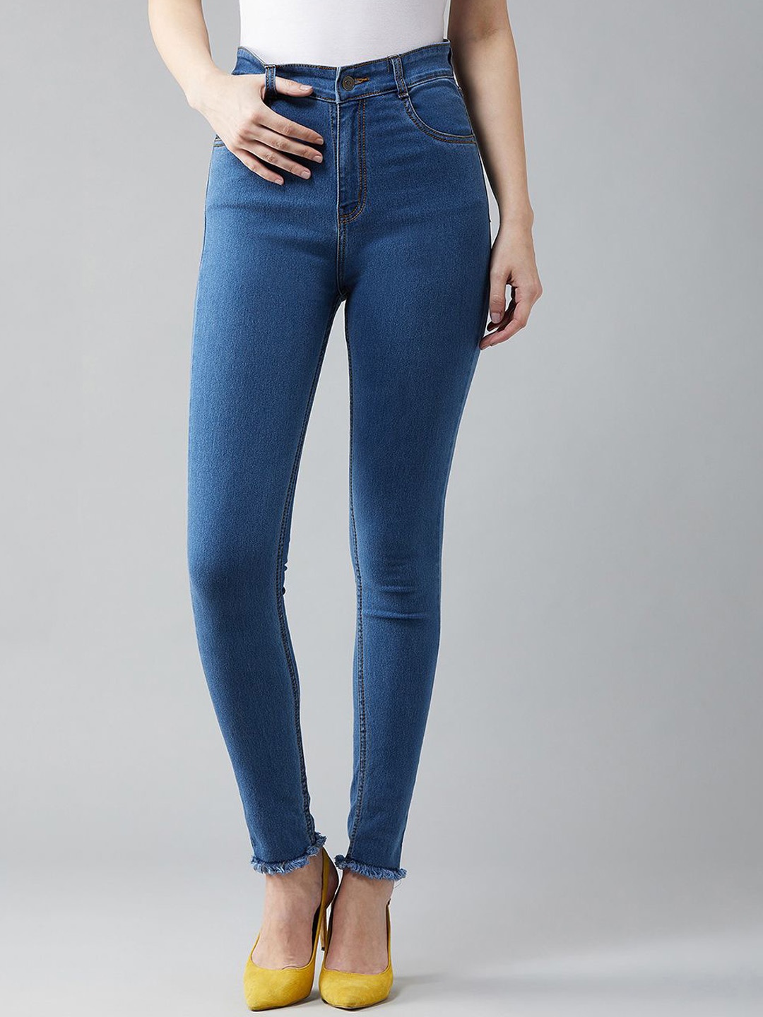 

DOLCE CRUDO Skinny High Rise Cropped Length Fringe Detailing Stretchable Denim Jeans, Blue