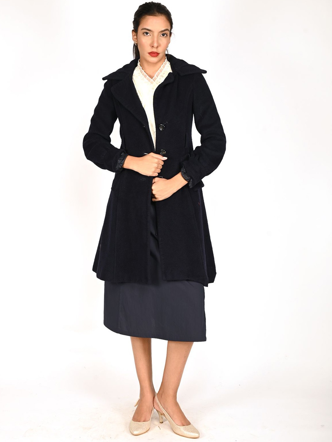 

ODETTE Women Fleece Longline Tailored Jacket with Embroidered, Blue
