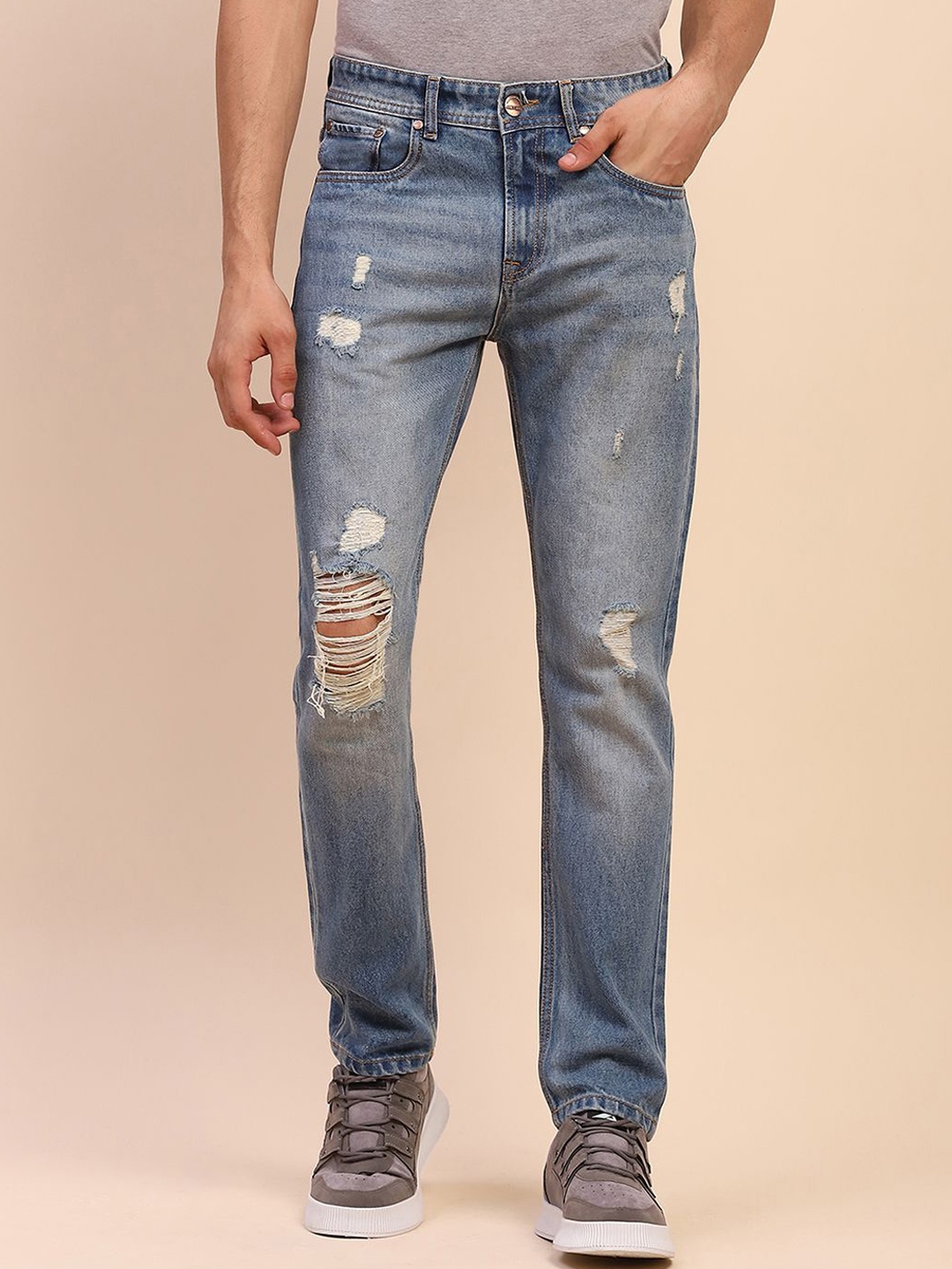 

CAMLA Men Slim Fit Mildly Distressed Heavy Fade Jeans, Blue