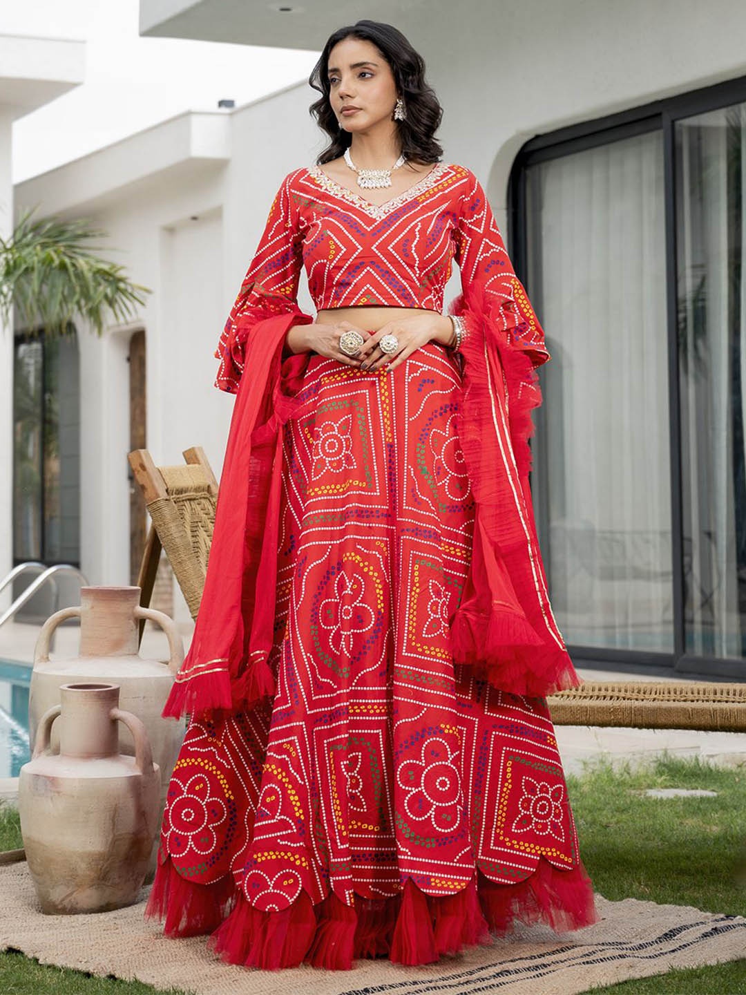 

Chandbaali Printed Cotton Ready to Wear Lehenga & Blouse With Dupatta, Red
