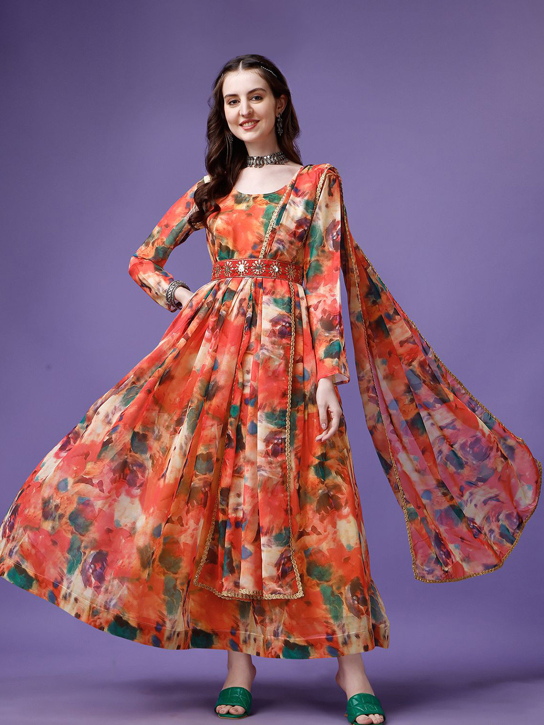 

BAESD Floral Printed Georgette Maxi Length A-Line Dress, Multi