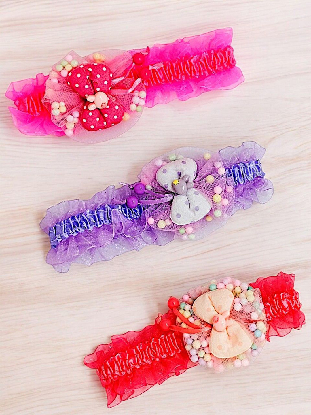 

9blings Girls Set of 3 Lace Bow Hairbands, Red