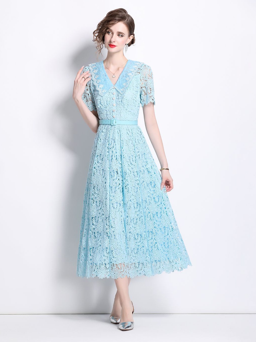 

JC Collection Women Shirt Collar Floral Fit and Flare Midi Dress, Blue