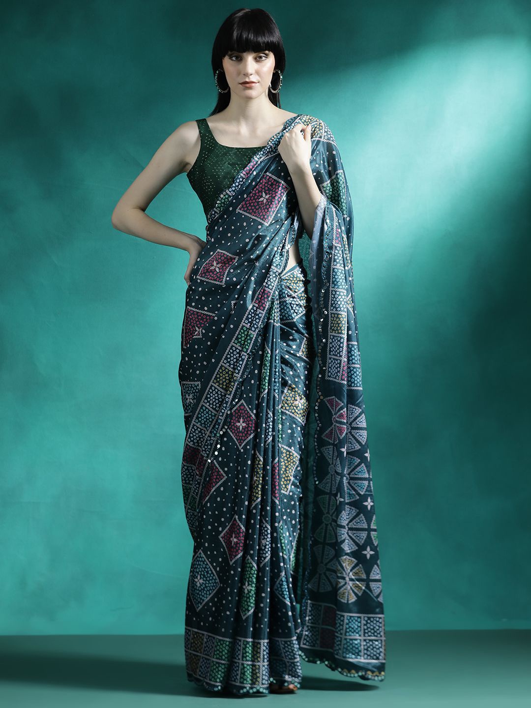 

Sangria Printed & Embroidered Saree With Blouse, Teal