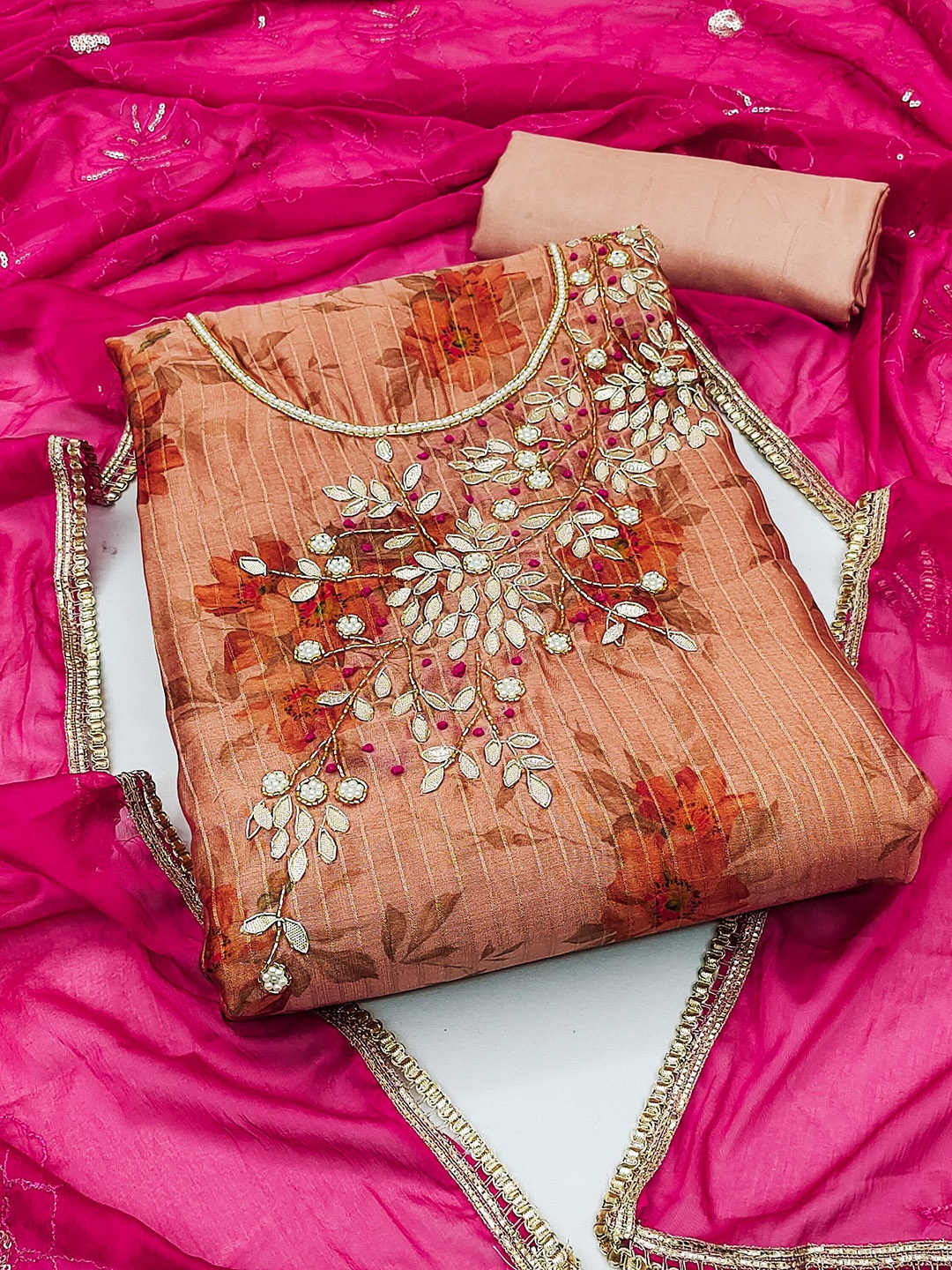 

Ishin Floral Embroidered Beads and Stones Detail Unstitched Dress Material, Peach