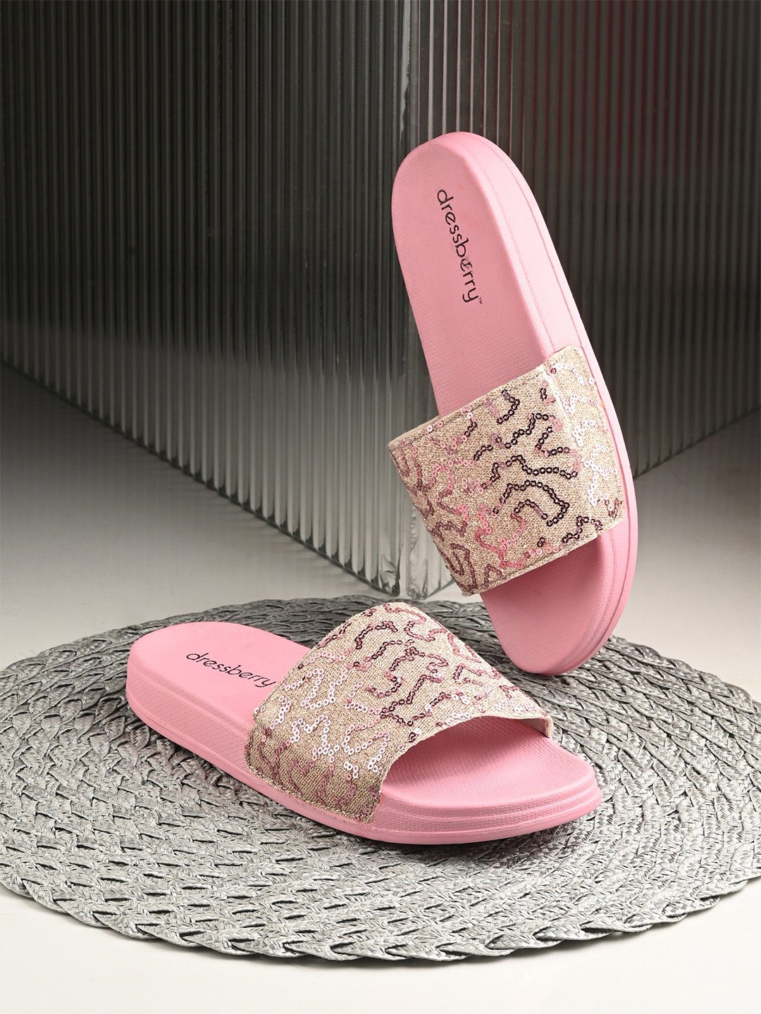 

DressBerry Women Embellished Synthetic Sliders, Pink