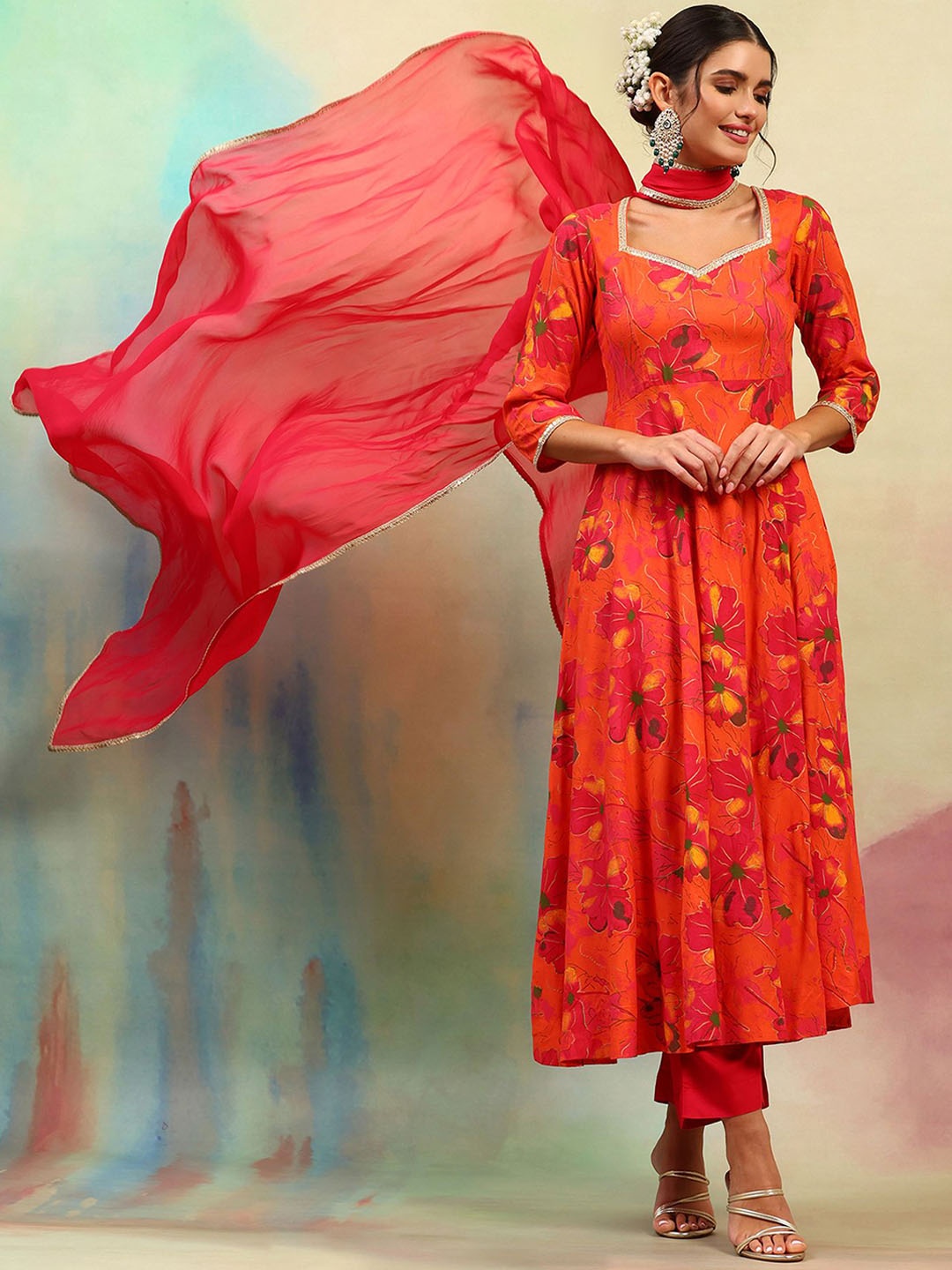 

Khushal K Printed Sweetheart Neck Gotta Patti Anarkali Kurta with Palazzos & Dupatta, Orange