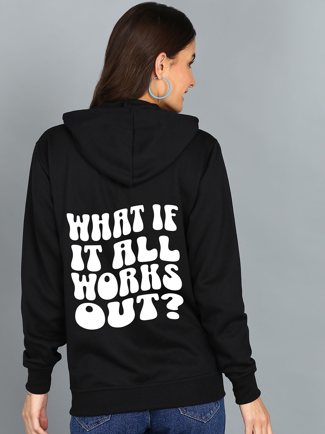 

FALTU.CO Women Printed Zip Detail Hooded Cotton Sweatshirt, Black