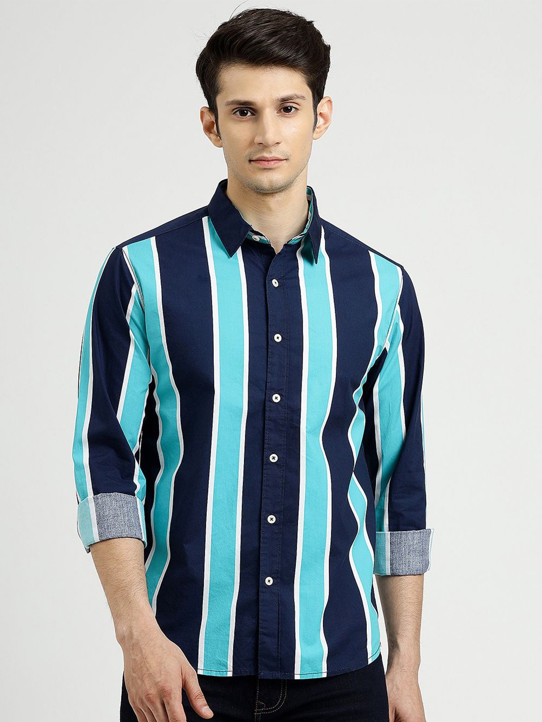 

Greenfibre Men Spread Collar Vertical Striped Cotton Slim Fit Casual Shirt, Blue