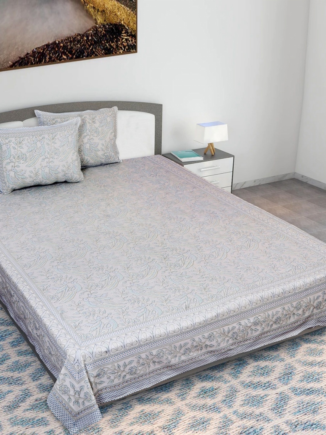 

Texstylers Blue & Grey Kantha 210 TC Cotton King Bedsheet With 2 Pillow Covers