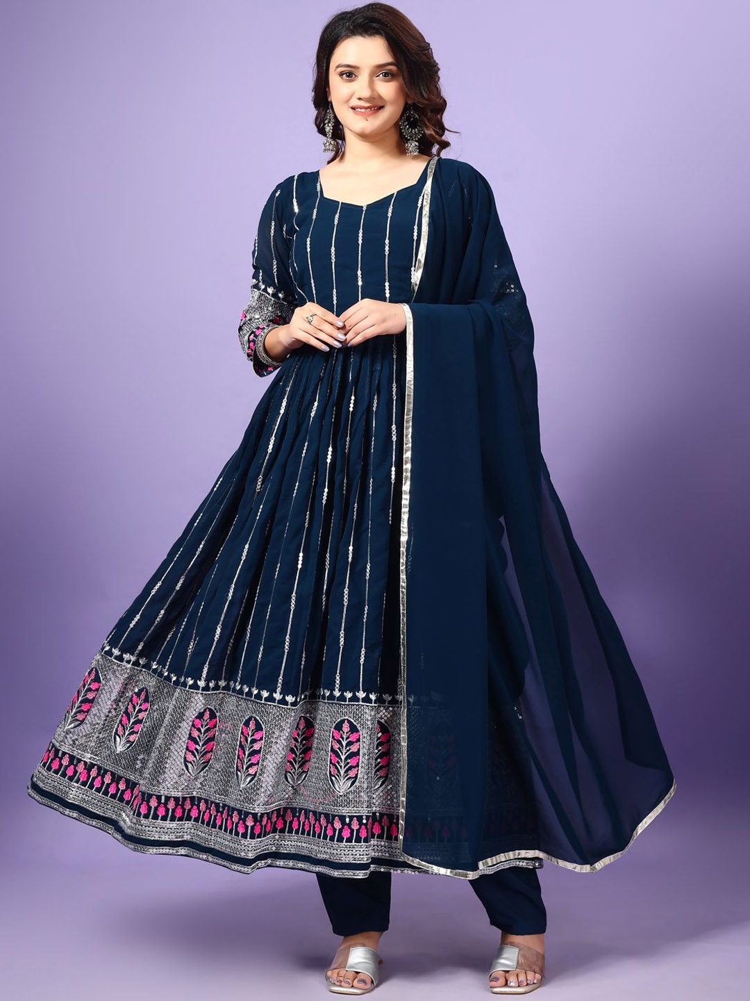 

KALINI Women Ethnic Motifs Embroidered Regular Sequinned Silk Georgette Kurta with Pyjamas & With Dupatta, Turquoise blue