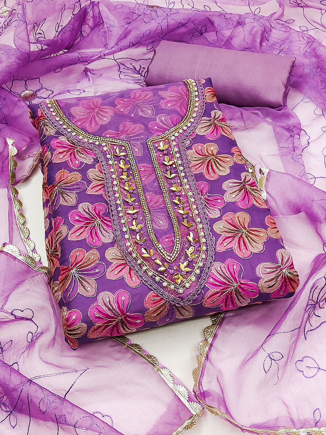 

Ishin Floral Embroidered Sequinned Organza Unstitched Dress Material, Purple