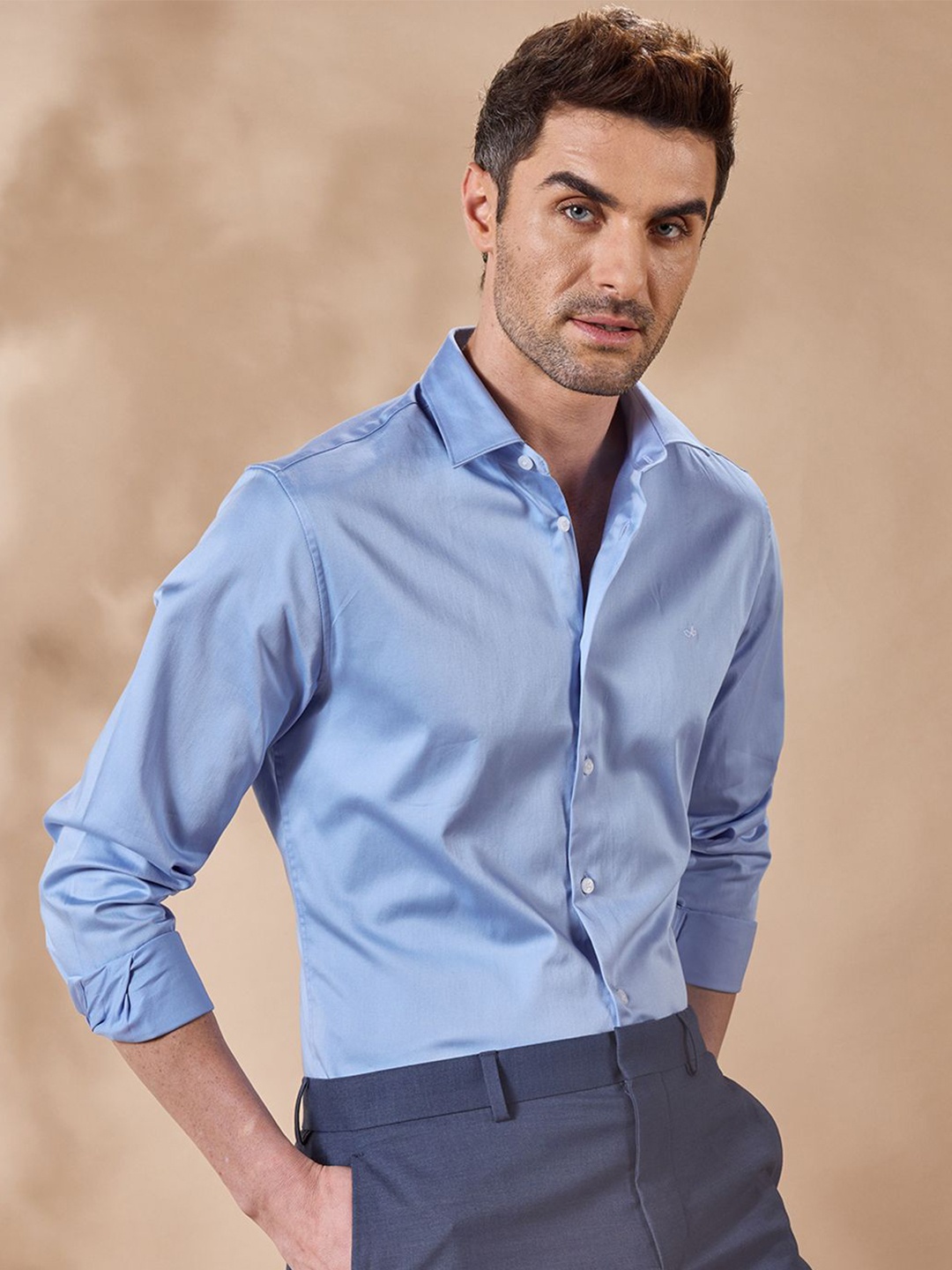 

Aldeno Men Comfort Spread Collar Solid Cotton Casual Shirt, Blue