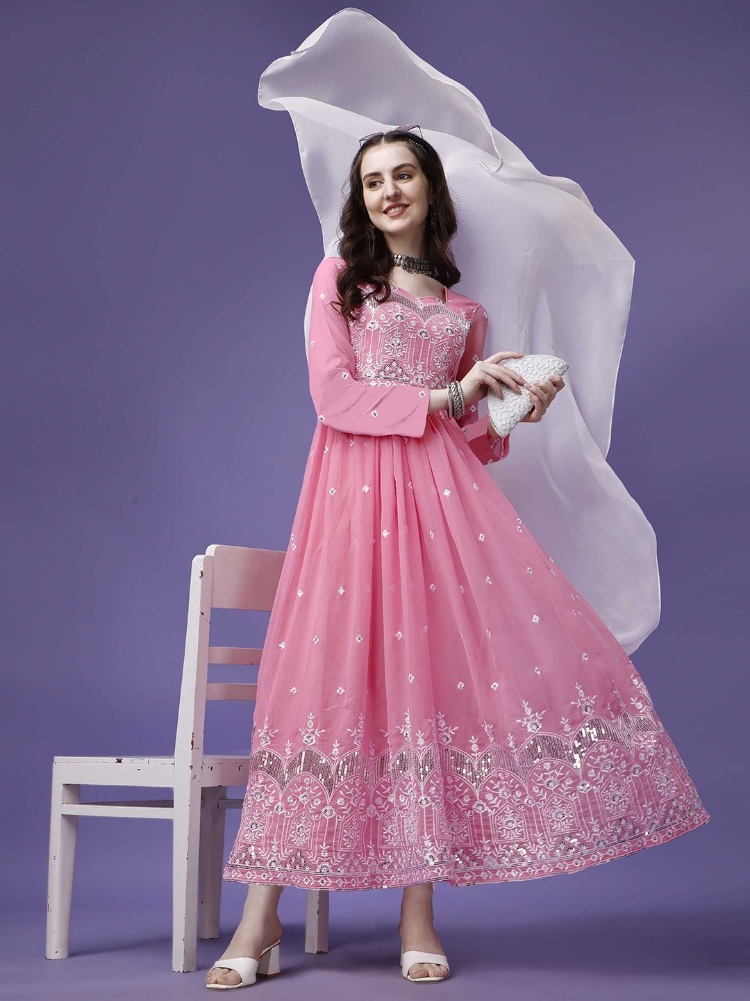 

BAESD Women Ethnic Motifs Embroidered A-Line Midi Dress, Pink