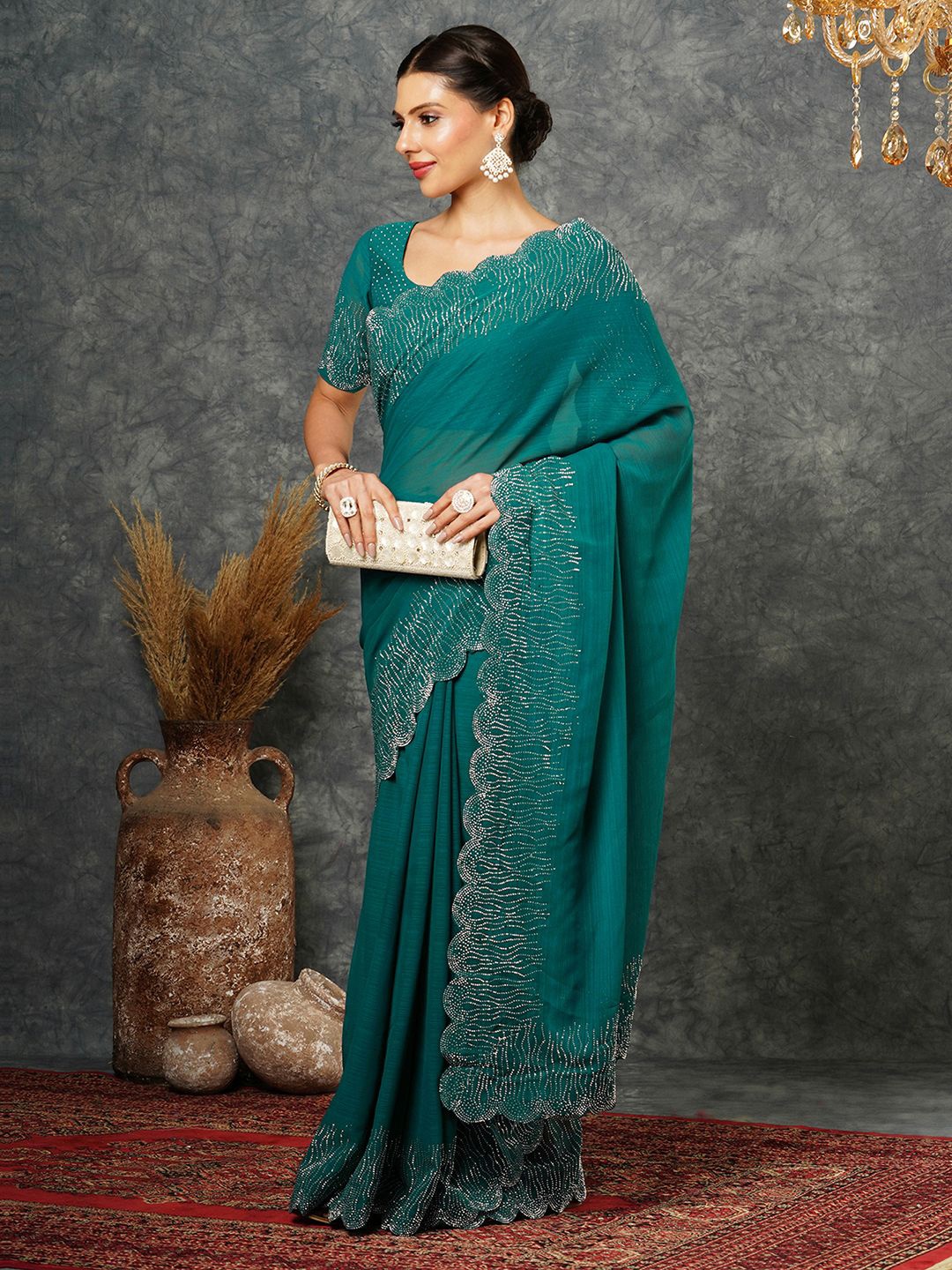 

Satrani Embelished Beads and Stones Pure Georgette Saree, Green