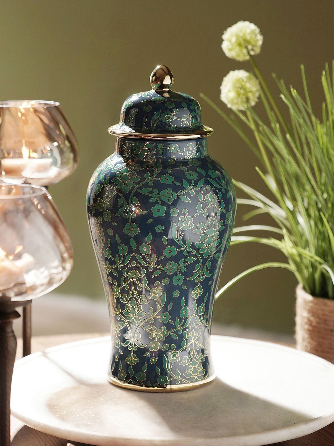 

Pure Home and Living Blue & Green Floral Printed Ceramic Canister With Lid