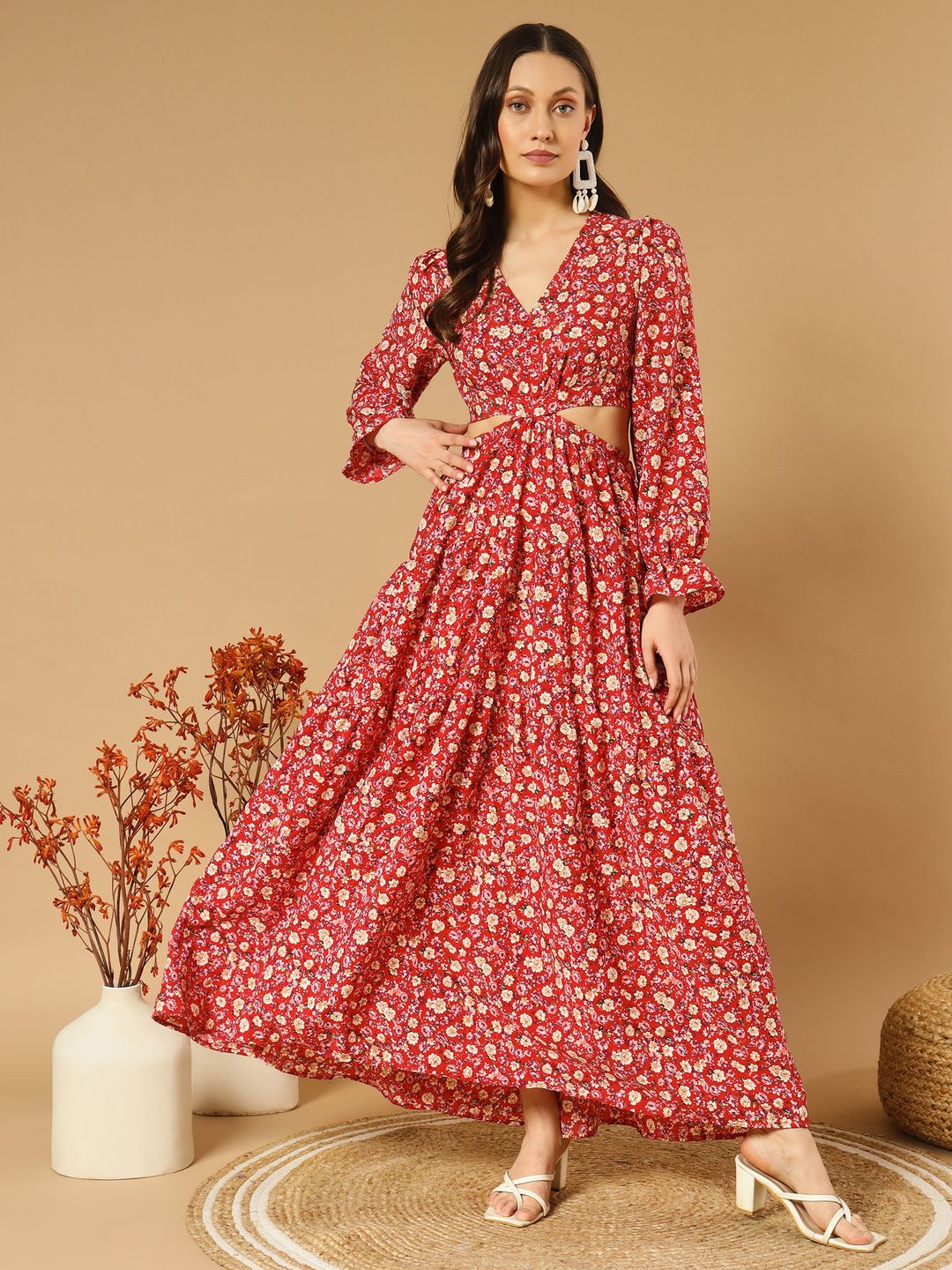 

OTABU Floral Printed Cut-Outs Detail Maxi Dress, Red