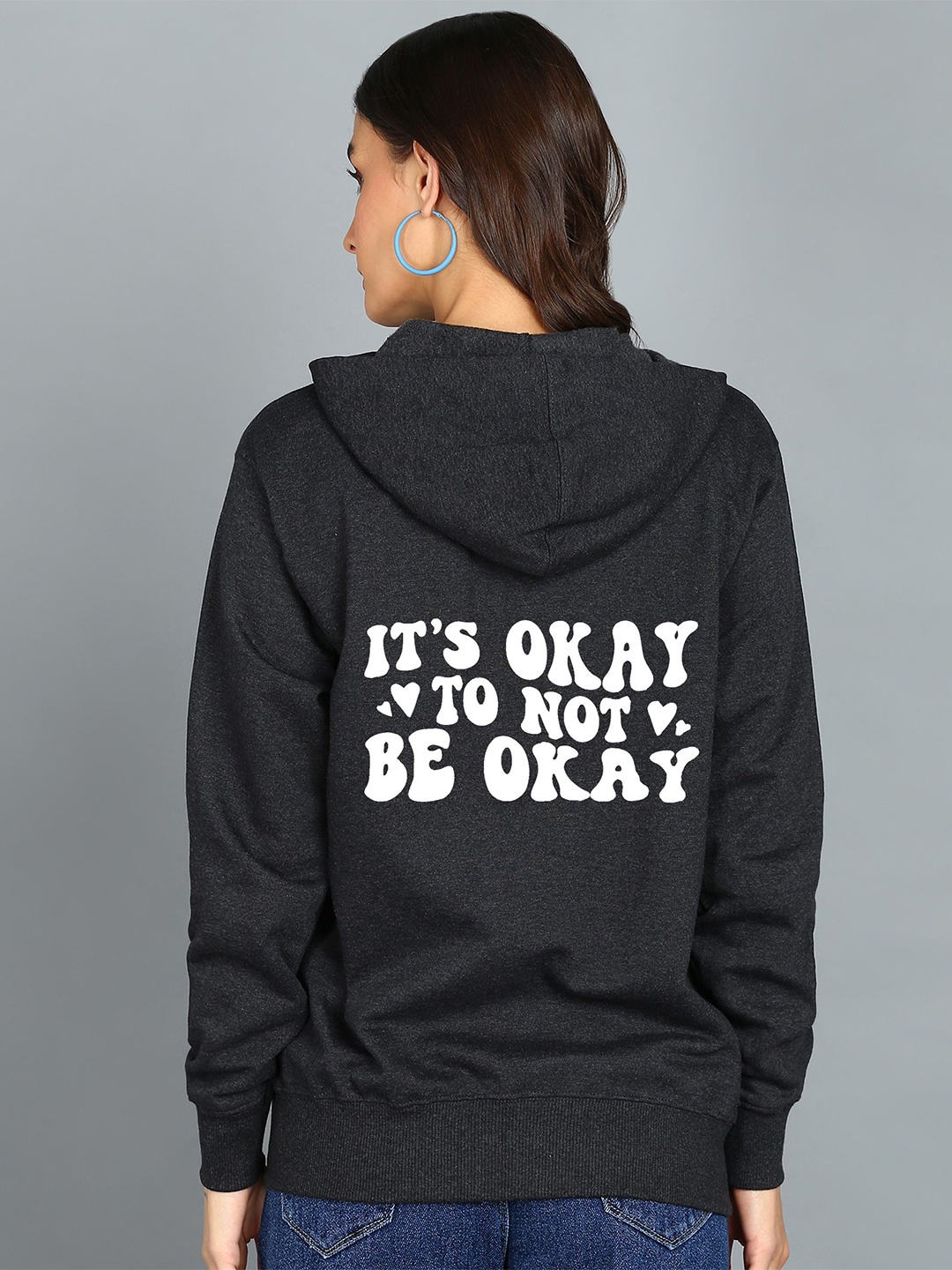 

FALTU.CO Women Printed Zip Detail Hooded Cotton Sweatshirt, Charcoal