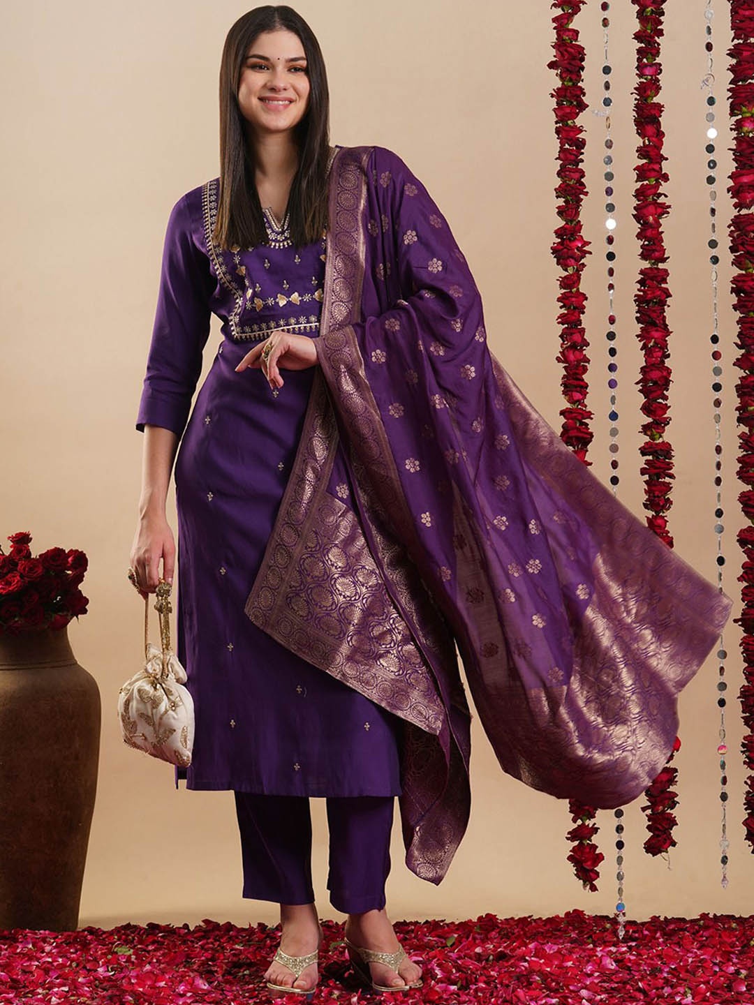 

Anni Designer Floral Woven Design Regular Zari Straight Kurta with Trousers & Dupatta, Purple