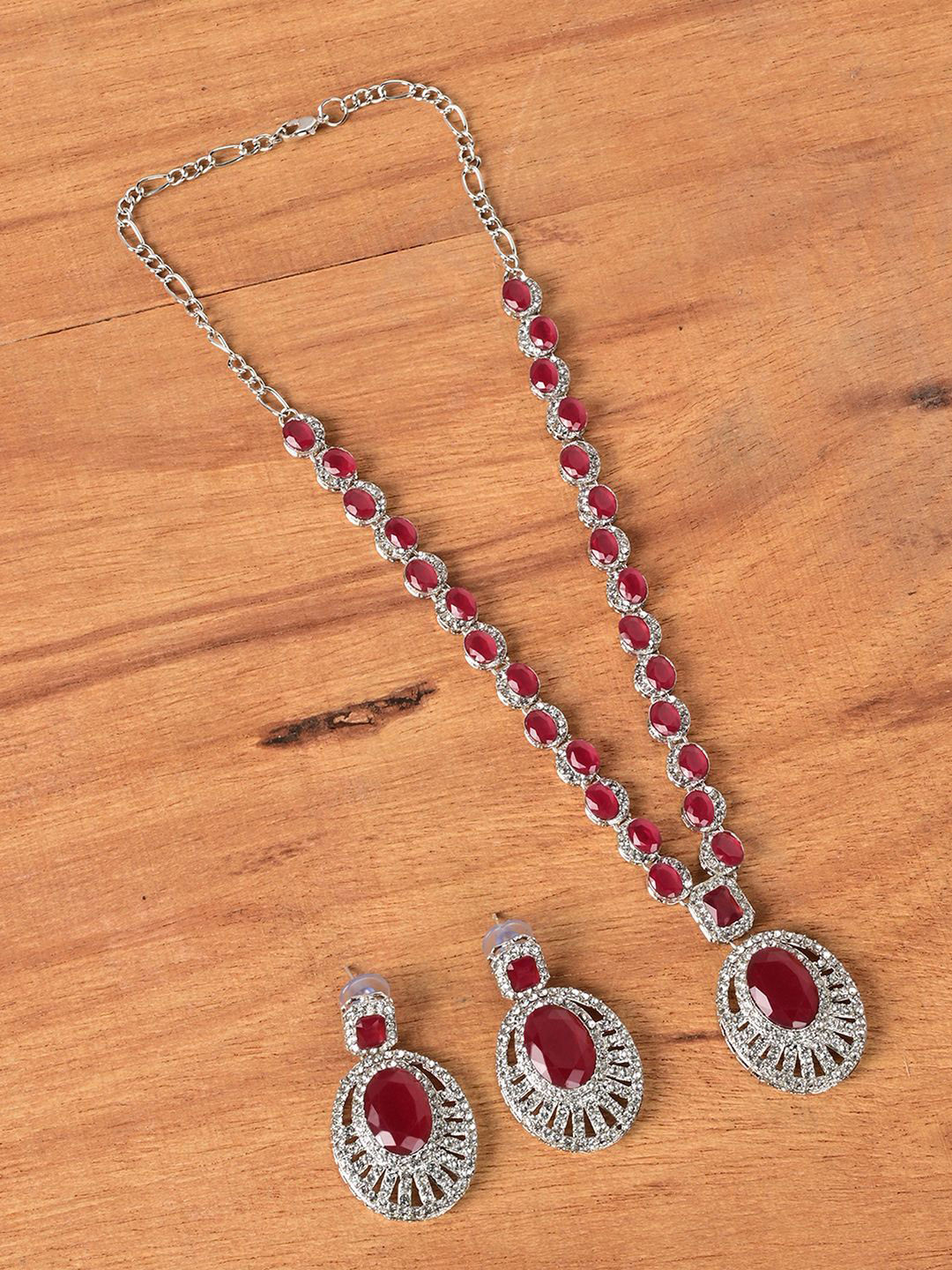 

Keviv Silver-Plated American Diamond Studded Necklace With Earrings
