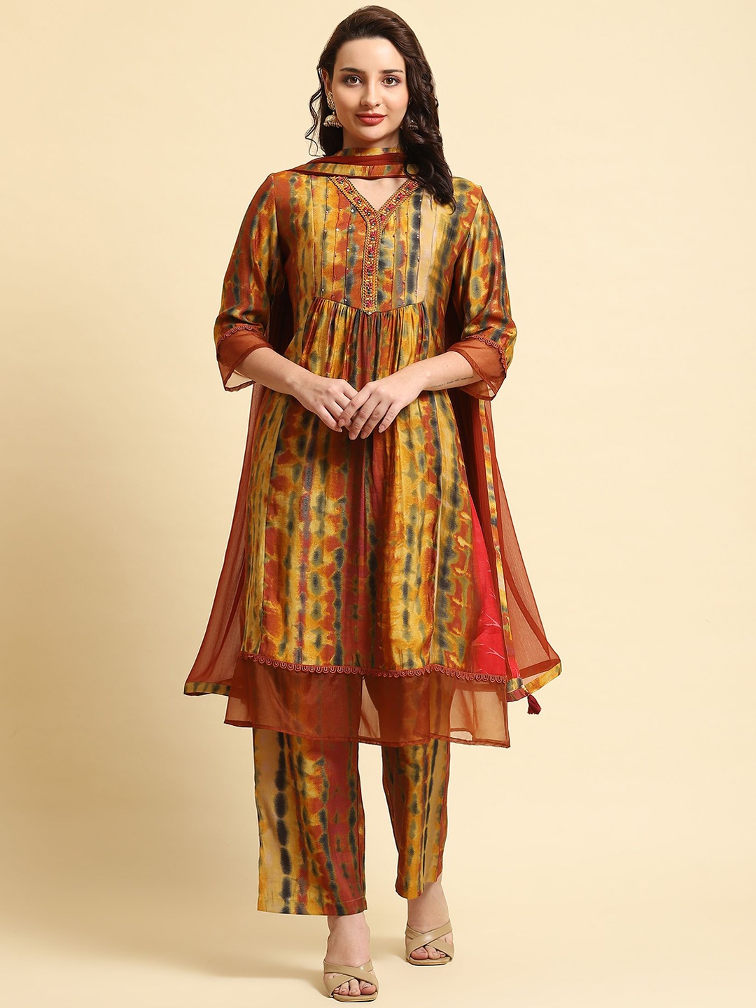 

Shree Women Dyed Regular Mirror Work Chanderi Silk Kurta with Trousers & With Dupatta, Rust