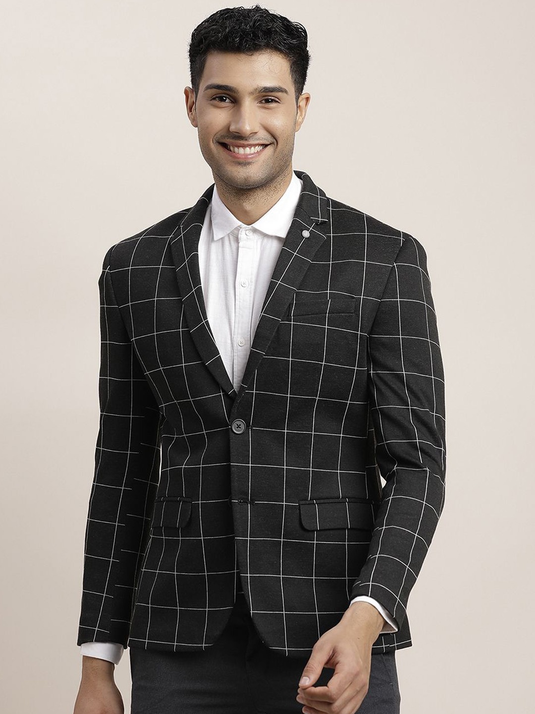

Turtle Checked Notched Lapel Knitted Single-Breasted Blazer, Black