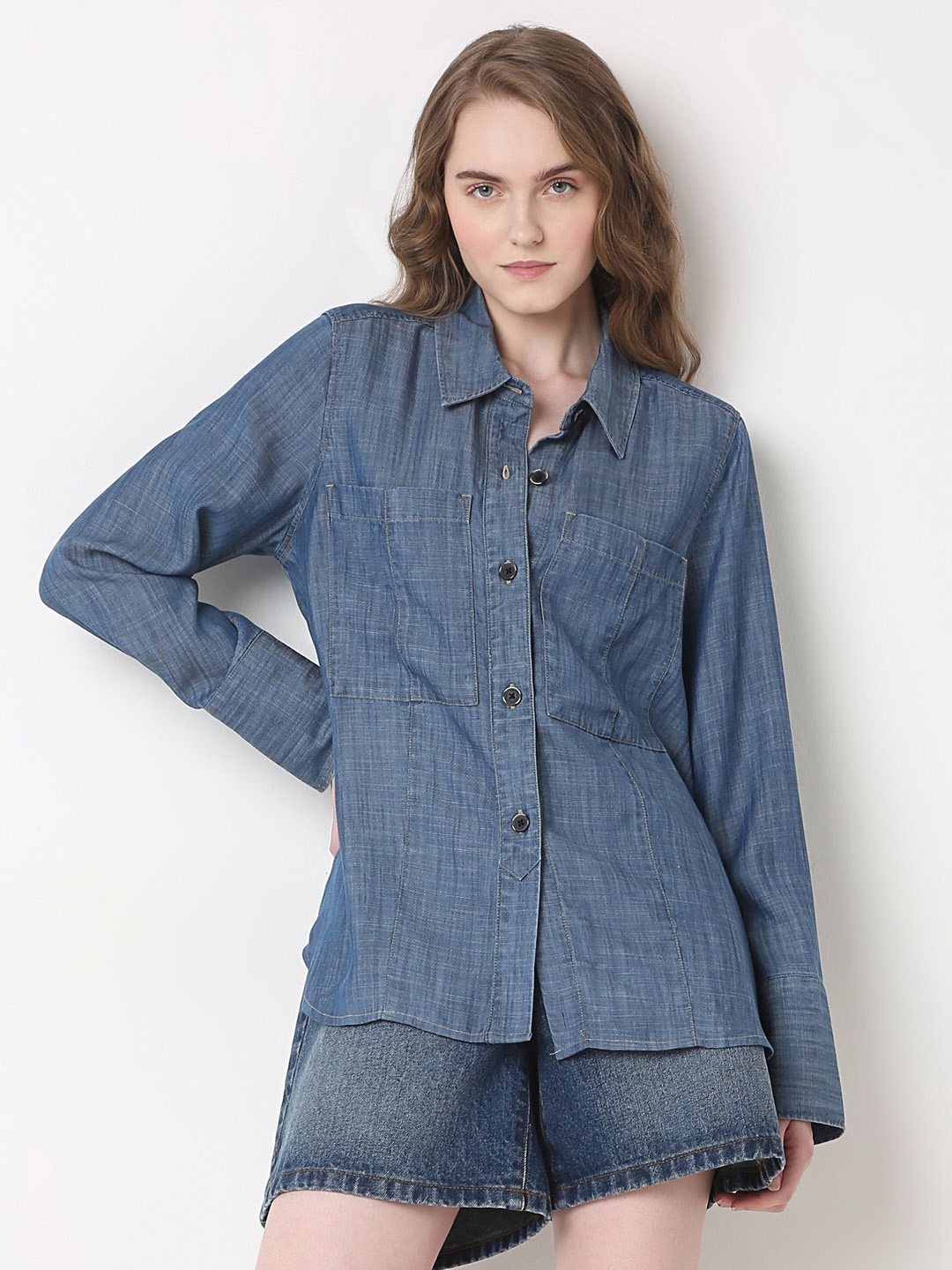 

Vero Moda Women Spread Collar Faded Lyocell Casual Shirt, Blue